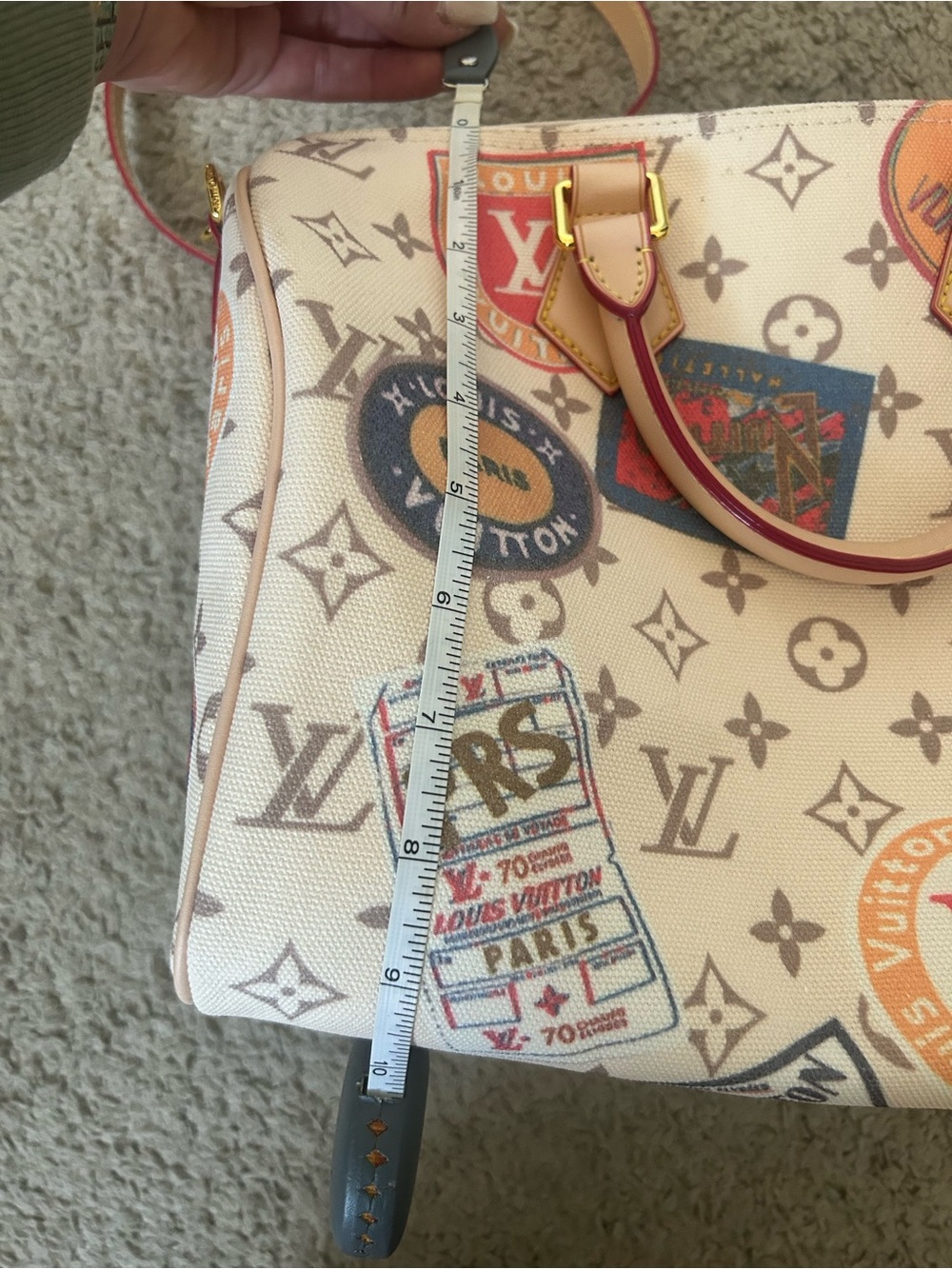 Beige Monogram Travel Patch Satchel with Blue Tag and Pink Straps - Picture 13 of 14